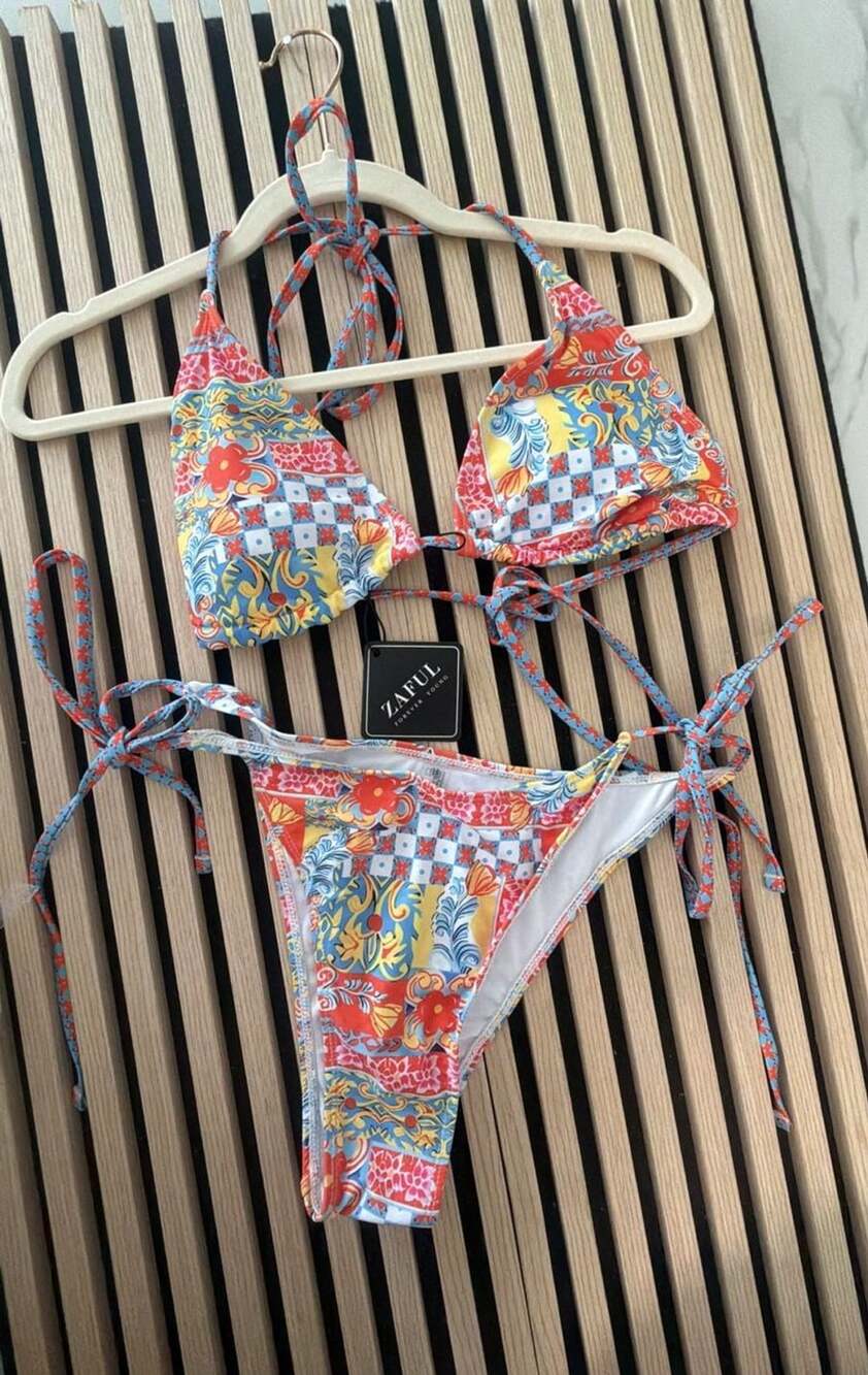Zaful Patchwork Halter Bikini Set Multicolored New
